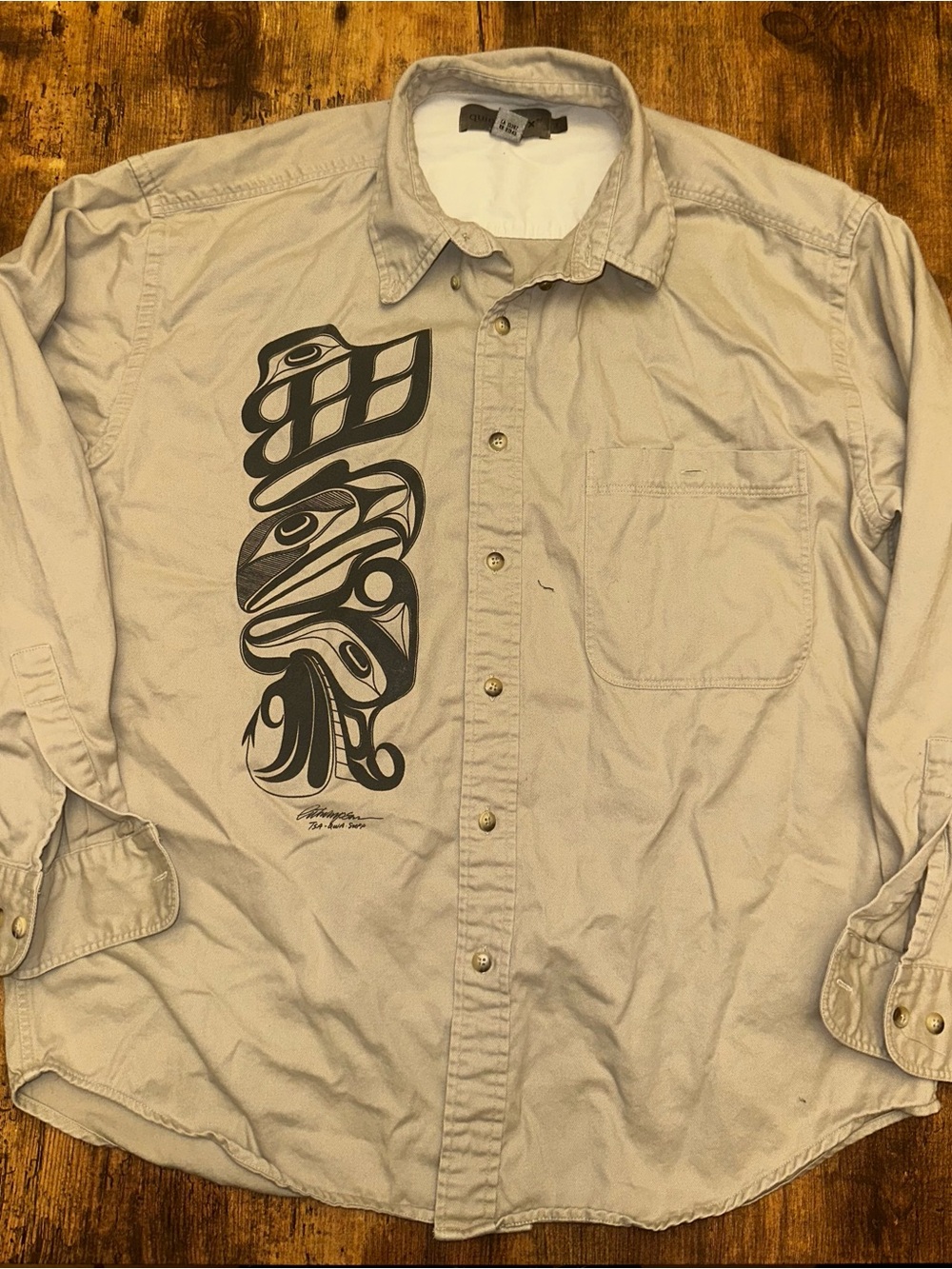 Reflex Light Beige Button-Down Shirt Jacket with Black Indigenous Graphic